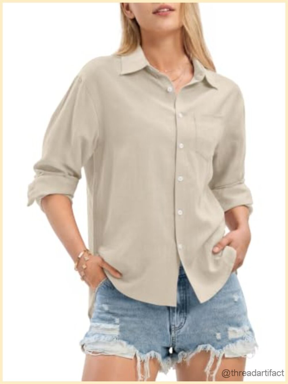 Linen-Blend Button Down Shirt Loose Fit Long Sleeve Casual Blouse